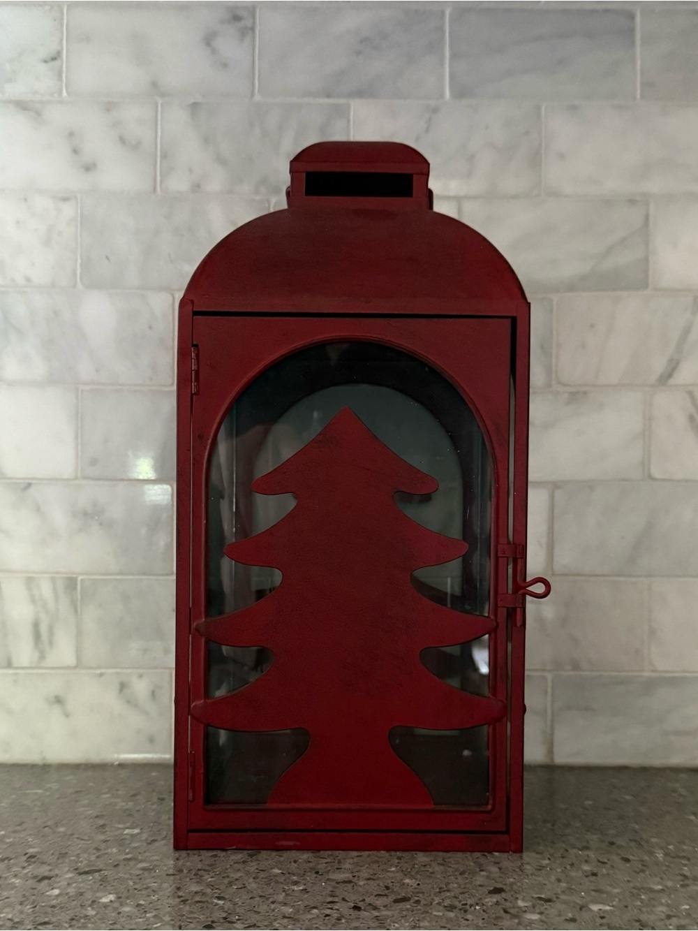 Red Holiday Tree Lantern - Decorative Christmas Accent